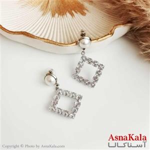گوشواره نگین دار زنانه استیل مدل مربع با مروارید کد GSH15288W