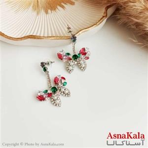 گوشواره مروارید زنانه استیل مدل پروانه با نگین سبز و سفید و قرمز کد GSH15324W