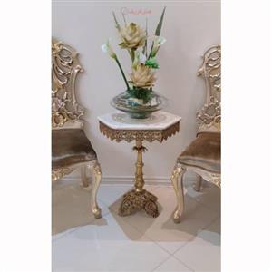 میز آلیاژ آلومنیوم با آبکاری برنز در طرح 6 ضلعی پایه برگی و صفحه سنگی