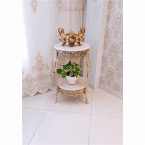 میز گرد 2 طبقه زیبا دارای 3 پایه شیک در عرض 40 جنس آلیاژ آلومنیوم آبکاری برنز، همراه گرانتی