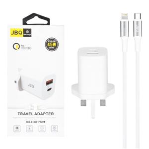 شارژر دیواری 45 وات فست و PD دو پورت جی بی کیو مدل HC-P5 همراه با کابل آیفون