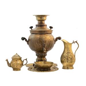 سرویس سماور ذغالی 5 پارچه برنجی مدل سرباز هخامنشی کد H-1258