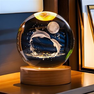 چراغ رومیزی مدل  گوی شیشه ای 3D طرح دلفین و ماه عاشقانه