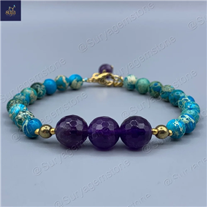 دستبند زنانه سنگی ، سنگ آمیتیست اصل و جاسپر دریایی  Goru Charm
