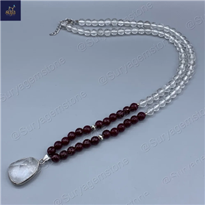 گردنبند سنگی اصل ، سنگ معدنی کوارتز و عقیق سرخ ، زنانه Chandra Red Ice+