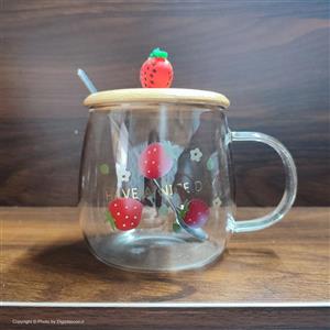 ماگ پیرکس درب بامبو طرح توت فرنگی کد 448