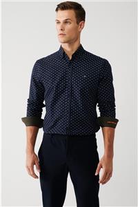 دکمه پیراهن آبی مردانه یقه الگوی گلدوزی با جزئیات پنبه به طور منظم مناسب A32Y2141 آوا Avva