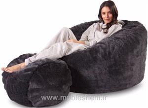 مبل راحتی (بین بگ)،تکنفره متوسط مشکی خزدارهمراه باپاف زیر پا