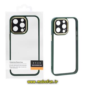 قاب گوشی iPhone 15 Pro Max آیفون طرح پشت طلق شفاف دور سیلیکونی اورجینال فلزی متال کیس Metal Case برند FOCUS PIXEL سبز تیره کد 100
