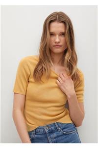 تاپ بافتنی چاک دار خردلی زنانه مانگو MANGO