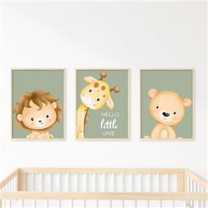 تابلو کودک و نوزاد مدل شیر و زرافه و خرس Hello little one مجموعه 3 عددی