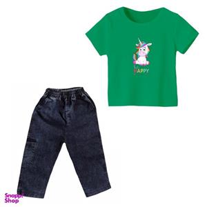 ست تی شرت و شلوارک دخترانه مدل یونیکورن کد 50 رنگ سبز