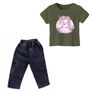 ست تی شرت و شلوارک دخترانه مدل یونیکورن کد 13 رنگ سبز