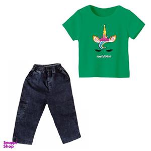 ست تی شرت و شلوارک دخترانه مدل یونیکورن کد 36 رنگ سبز