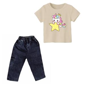 ست تی شرت و شلوارک دخترانه مدل یونیکورن کد 10 رنگ کرم