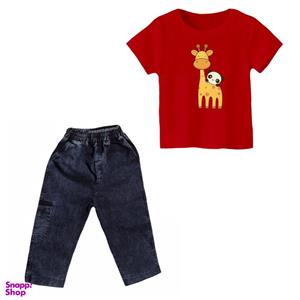 ست تی شرت و شلوارک دخترانه مدل زرافه کد 23 رنگ قرمز