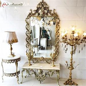 ست آینه کنسول و شمعدان برنزی مستطیلی طرح پیچک