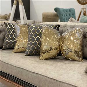 ست کوسن 4عددی طرح موج مخمل طوسی چرم طلایی