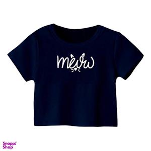 کراپ‌ تی‌شرت آستین کوتاه زنانه مدل گربه کد ۱۳ رنگ سورمه ای