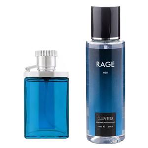 پک عطر ادوتویلت جیبی مردانه مدل Desire Blue حجم 35 میل و بادی اسپلش Rage النترا تاینی 250 