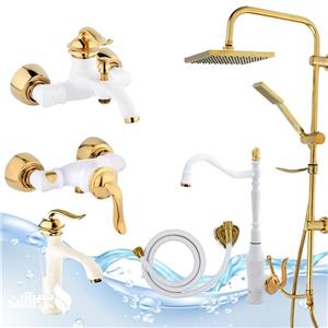 ست 6 عددی شیرآلات اهرمی آیدا بامبو سفید طلایی همراه با علم دوش موج طلایی