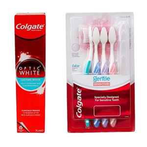 خمیر دندان کلگیت مدل Optic White حجم 75 میلی لیتربه همراه مسواک Gentle Sensetive با برس خیلی نرم مجموعه 4 عددی 