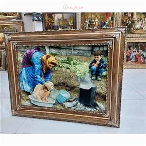 تابلو فرش تبریز بافته شده با دست طرح حمام عشایر چله ابریشم مارکدار رنگ طبیعی کد 45.7