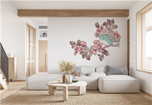 کاغذ دیواری نقاشی طرح پرنده روی شاخه شکوفه گیلاس