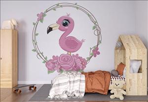 کاغذ دیواری سه بعدی طرح بچه فلامینگو در حلقه گل