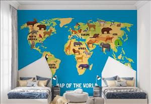 کاغذ دیواری 3 بعدی طرح نقشه حیوانات جهان