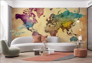 کاغذ دیواری 3 بعدی طرح  نقشه جهان زمینه زرد