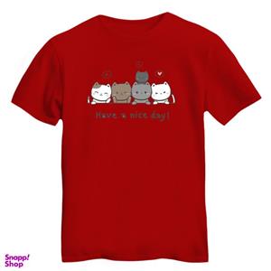 تی شرت آستین کوتاه زنانه مدل گربه ها خطی رنگ قرمز