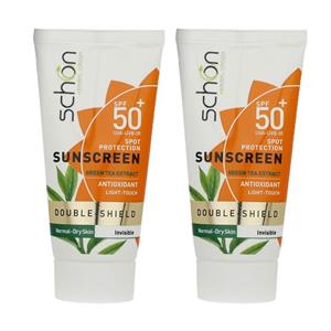 کرم ضد آفتاب بدون رنگ شون spf50 مدل دابل شیلد مناسب انواع پوست حجم 50 میلی‌لیتر بسته دو عددی