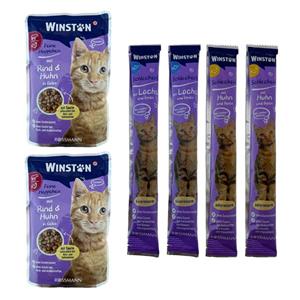 پوج گربه وینستون مدل گوشت گاو و مرغ در ژله به همراه بستنی گربه مرغ و ماهی مجموعه 6 عددی