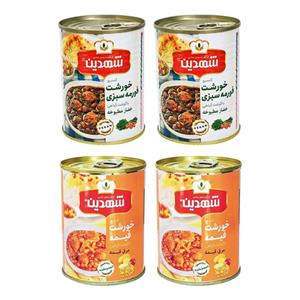 کنسرو خورشت قیمه و سیب زمینی با سویا و کنسرو خورشت سبزی با سویا شهدین - 370 گرم بسته 4 عددی