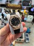 ساعت مچی زنانه هابلوت فول نگین بند مشکی قاب رزگلد صفحه مشکی مدل Hublot Diamonds