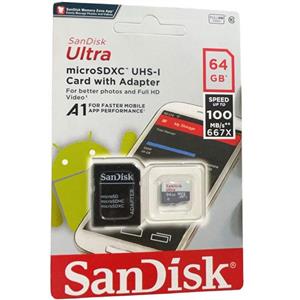 کارت حافظه microSDXC سن دیسک مدل Ultra A1 کلاس 10 استاندارد UHS-I سرعت 100MBps ظرفیت 64 گیگابایت به همراه آداپتور