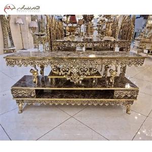 میز تلویزیون آلیاژ با صفحه هایگلس در طرح گل رز، رنگ فورتیک، پر نقش، دارای ضمانت