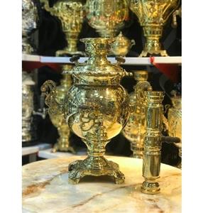 سماور زغالی برنجی، 8 لیتر، مدل جهان نما لبه ریخته، طرح شوروی