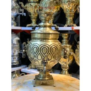 سماور زغالی برنجی، 10 لیتری، مدل اشکی، دسته خواب، مهر روسی