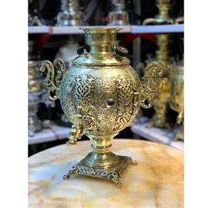 سماور زغالی 6 لیتری مدل جهان نما، قلم کاری سفارشی خاص، کاملا برنجی