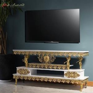 میز تلویزیون آلیاژی سه طبقه دارای دو کشو با صفحه ام دی اف،طراحی بی نظیر
