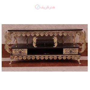 میز تلویزیون برنزی سه طبقه دو کشو طاووس دار رویه ی مشکی، دارای ضمانت