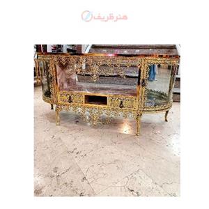 میز تلویزیون برنزی ویترین دار بغل خم پر کار و سنگین