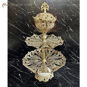 ظرف میوه خوری شکلات خوری برنزی در طرح گل لاله با پایه سنگی سفید، سه طبقه با کیفیت اعلاء 