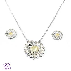 نیم ست نقره گل آفتابگردان کد H2131 با روکش طلای سفید با زنجیر