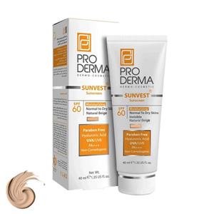 کرم ضد آفتاب رنگی پرودرما SPF60 مدل Sunvest ‌مناسب پوست معمولی و خشک حجم 40 میلی‌لیتر