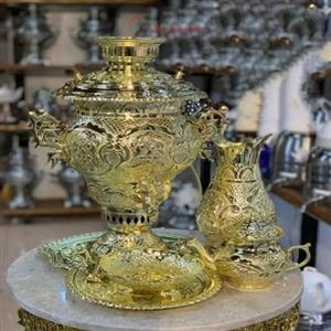 سرویس سماور 8 لیتری زغالی برنجی لبه دار قابل تبدیل به گازی و برقی 