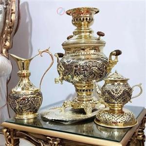سرویس 5 پارچه سماور 6 لیتری برنجی ساخته شده با ورق ضخیم، قلم زنی سیاه