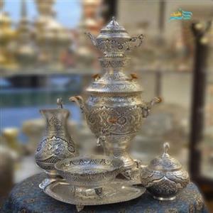 سرویس سماور 5 لیتری مسی زغالی آبکاری نقره سیاه قلم با ضمانت 7 ساله، با کیفیت اعلاء